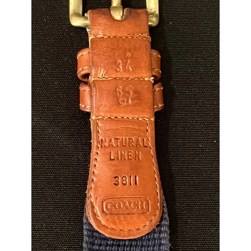 Coach Mens Navy Blue Webbed Woven Leather Trim Brass Buckle Belt 3811 Size 34